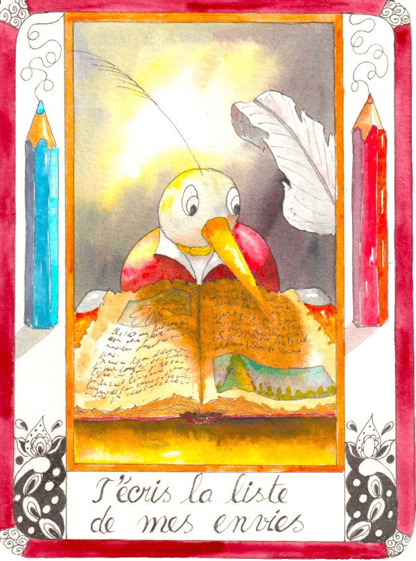 1aquarelle-simplybird-oiseau-actes sympathiques-collection de cartes-bienêtre-j'écris la l iste de mes envies-helenvalentin-apprendre-peinture-min