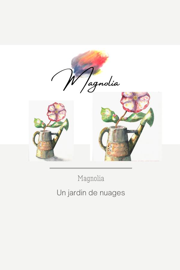 Un magnolia aux pétales roses, mauves et violets est dans un arrosoir gris rouillé.