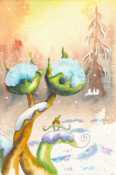 Un lutin joue à saute-mouton sur une fleur de givre dans la forêt enneigée.