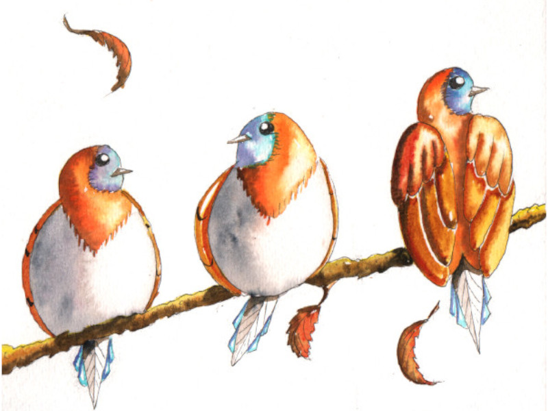 Trois moineaux sur une branche, couleurs chaudes, chaque plume a son volume et ses couleurs. On peut en faire trois marque-pages.