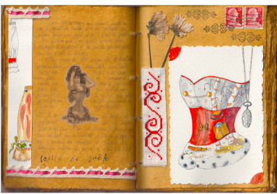 Un corset rouge avec de la fourrure blanche et des bouleaux dans la neige peints sur son tissu. Féminité, mode du XIXe siècle. L'aquarelle est collée dans un grimoire.