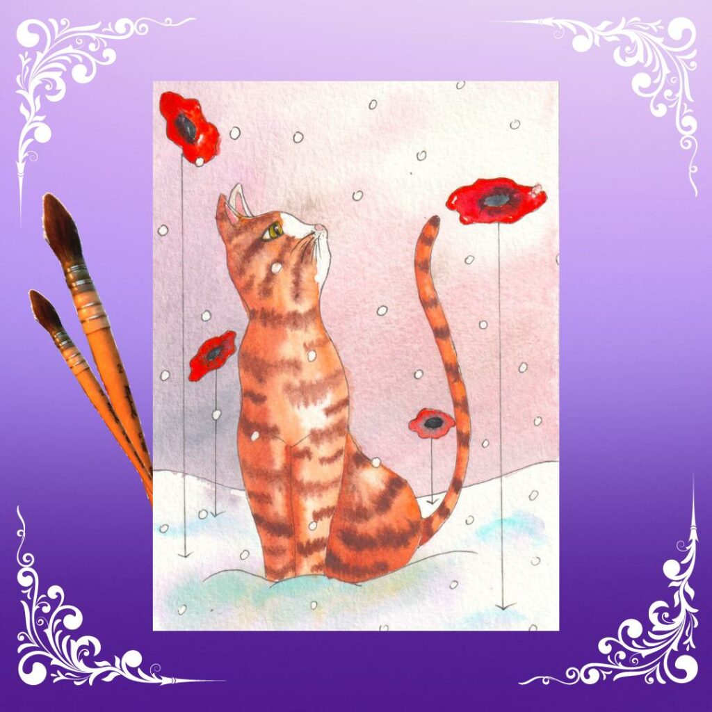 Un chat tigré roux est assis dans la neige et regarde les flocons tomber d'un ciel mauve. Il y a des coquelicots en céramique plantés dans le sol.