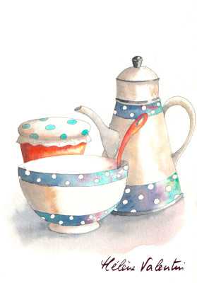 lms-aquarelle-cadre-vaisselle bleue à pois-petit dejeuner-apprendre-helene valentin