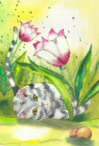 lms-chat-printemps-aquarelle-aquarelles-aquarelledebutants-aquarelleillustration-peintureaquarelle-helenevalentin-chats-tulipes-fleurs-jardins