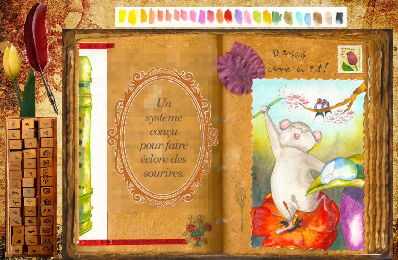 Une souris danse sur un tulipe, une flûte dans la main, deux hirondelles chantent. L'aquarelle est collée dans un grimoire avec un texte.