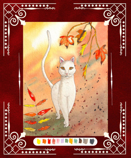 Un chat blanc élégant marche dans les feuilles d'automne.