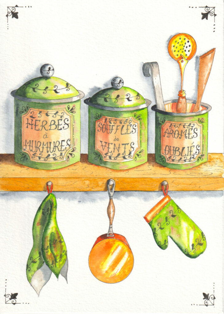 vaisselle-verte-helenevalentin-aquarelle-aquarelledebutants-aquarelleillustration-pots-herbes-casserole-manique-ecumoire-spatule-torchon-tutoriel