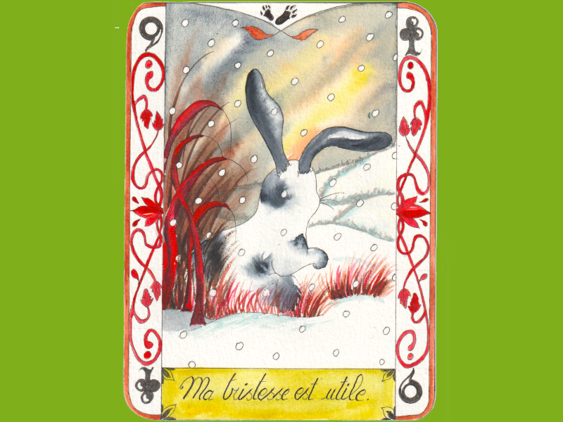 Un lapin blanc tacheté de noir est assis côté d’herbes rouges et regarde la neige tomber sur la campagne.