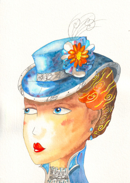 Un visage de femme vu de trois quart, elle porte un chapeau bleu à fleur jaune et un col montant en dentelle..