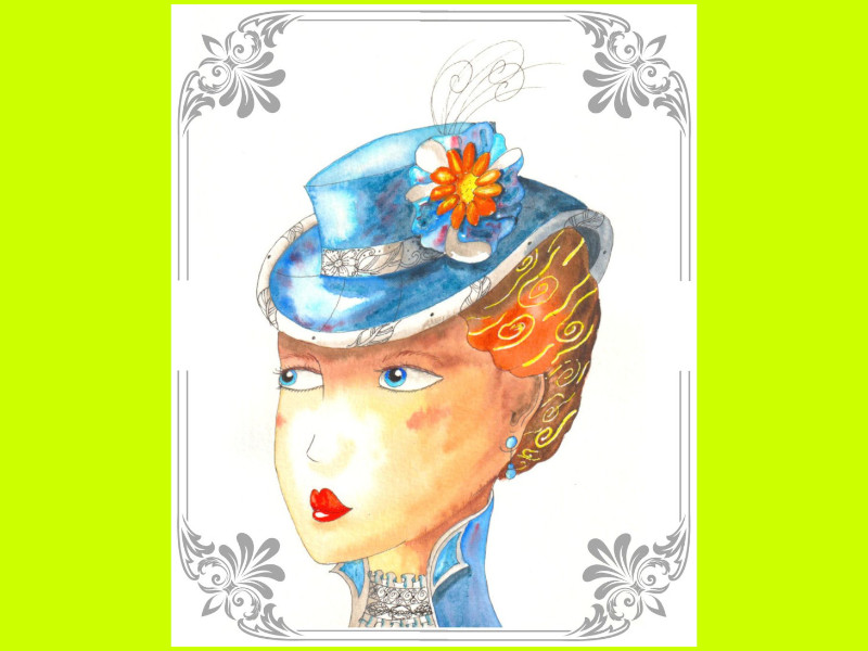 Un visage de femme vu de trois quart, elle porte un chapeau bleu à fleur jaune et un col montant en dentelle..