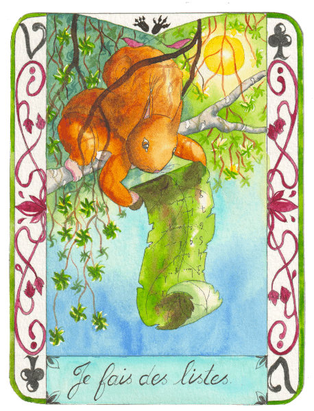 Un écureuil déroule une feuille comme un parchemin. Il est posé sur une branche, des feuilles en forme de pompons tombent autour de lui, on aperçoit le soleil à travers les frondaisons.