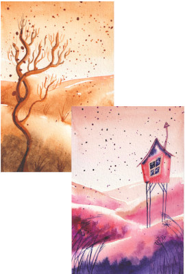 Deux paysages de collines ocres et violettes avec des herbes dans le vent., un arbre marron, une cabane rose.