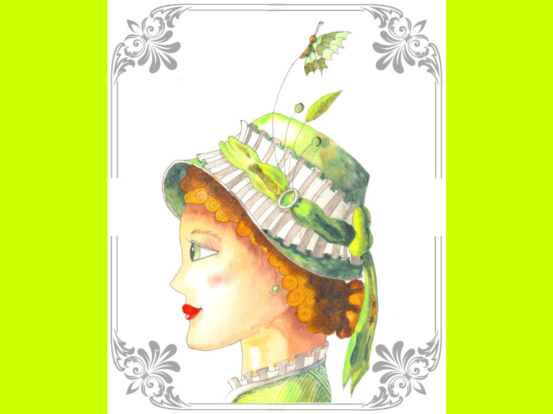 Un visage de femme vu de profil. Elle porte un chapeau vert, rehaussé d'une décoration en papillon et d'un ruban vert.
