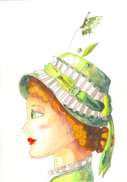Un visage de femme vu de profil. Elle porte un chapeau vert, rehaussé d'une décoration en papillon et d'un ruban vert.