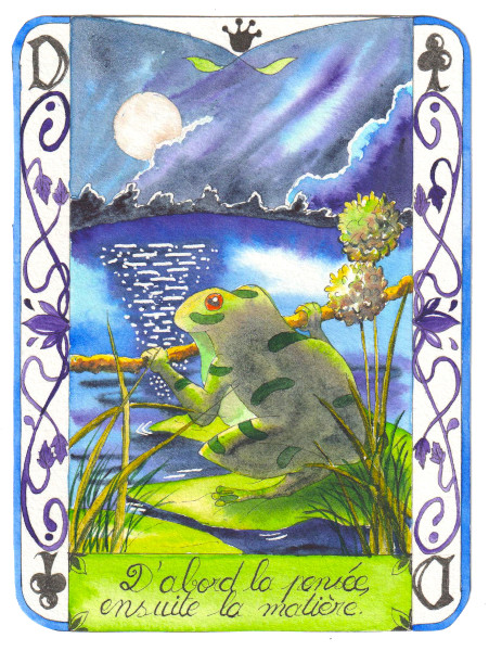 Une grenouile assise sur un néuphar contemple la lune se reflétant dans l'étang.