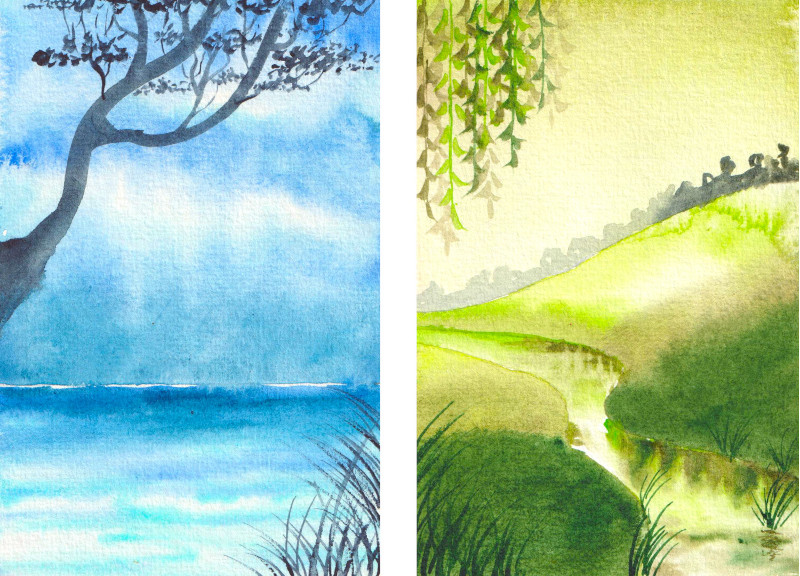 Un paysage de mer en aquarelle, bleu avec un arbre et des herbes au premier plan. Un paysage de campagne verte, avec un ruiseau, des collines et des feuilles de saule.