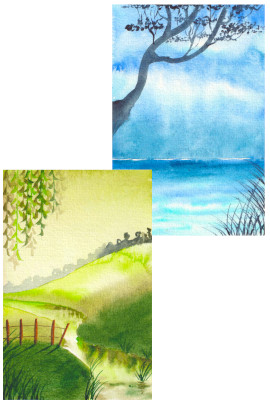 Un paysage de mer en aquarelle, bleu avec un arbre et des herbes au premier plan. Un paysage de campagne verte, avec un ruiseau, des collines et des feuilles de saule.