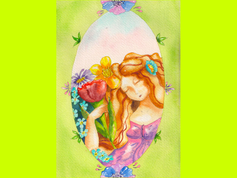 Une femme aux longs cheveux tient un bouquet de fleurs. Inspiré de Mucha.
