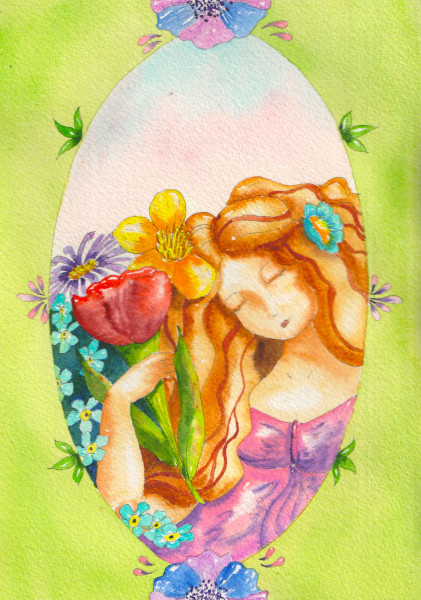 Une femme aux longs cheveux tient un bouquet de fleurs. Inspiré de Mucha.