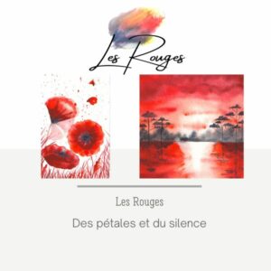 Un paysage rouge avec un coucher de soleil sur la mer. Des coquelicots à l'aquarelle.