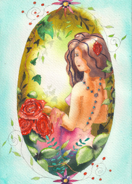 Femme aux cheveux longs en robe d'été dans un décor de feuillages et de roses.