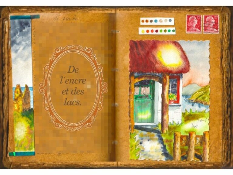 Une maison irlandaise à toit de chaume. Au fond on voit un lac et des collines. Aquarelle dans un grimoire.