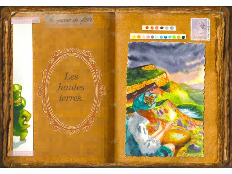 Un joueur de flûte est assis dans les highlands irlandais. Il porte un plaid autour d'une épaule. Aquarelle insérée dans un grimoire.