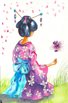 Une geisha à genoux vue de trois quarts dos. Elle porte un kimono rose à fleurs blanche