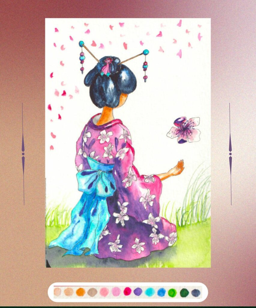 Une geisha à genoux vue de trois quarts dos. Elle porte un kimono rose à fleurs blanches.