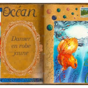 Un poisson jaune dans un océan bleu avec des algues. Aquarelle dans un grimoire.