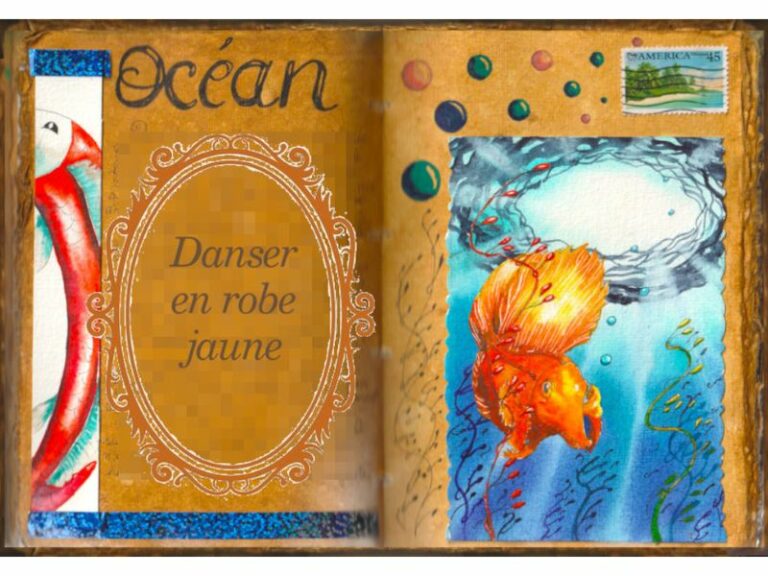 Un poisson jaune dans un océan bleu avec des algues. Aquarelle dans un grimoire.