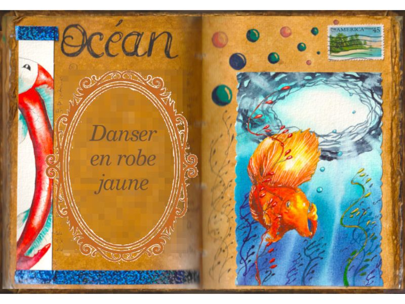 Un poisson jaune dans un océan bleu avec des algues. Aquarelle dans un grimoire.