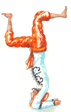 Un hindou fait le poirier. Aquarelle blanche et orange.