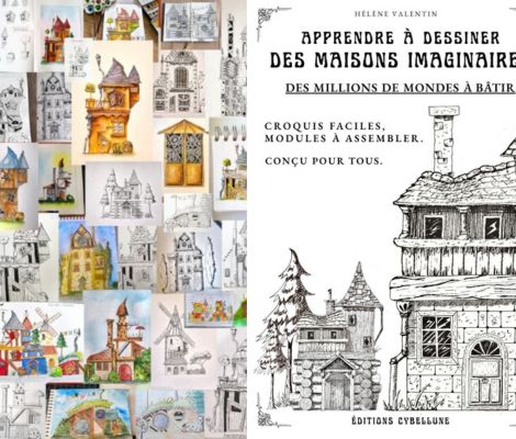 Des dessins et aquarelles de maisons imaginaires.