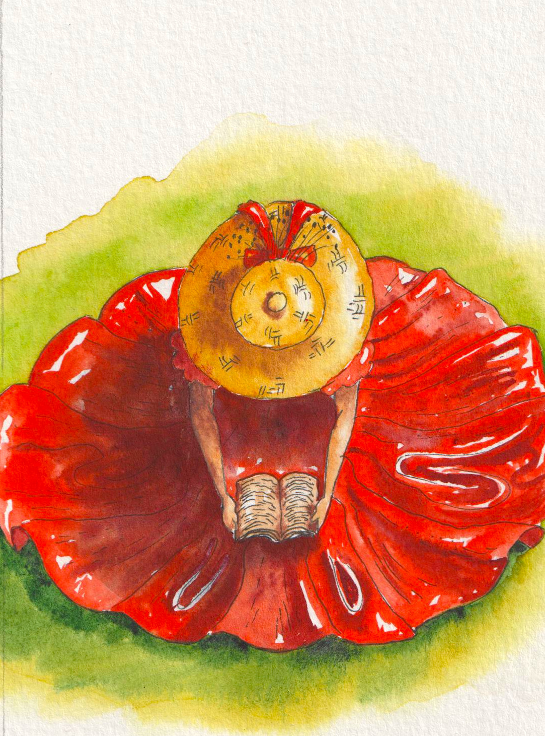 Une femme à la robe rouge coquelicot lit à genoux dans l'herbe.
