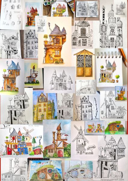 Dessins livre apprendre maisons imaginaires modules aquarelles helenevalentin