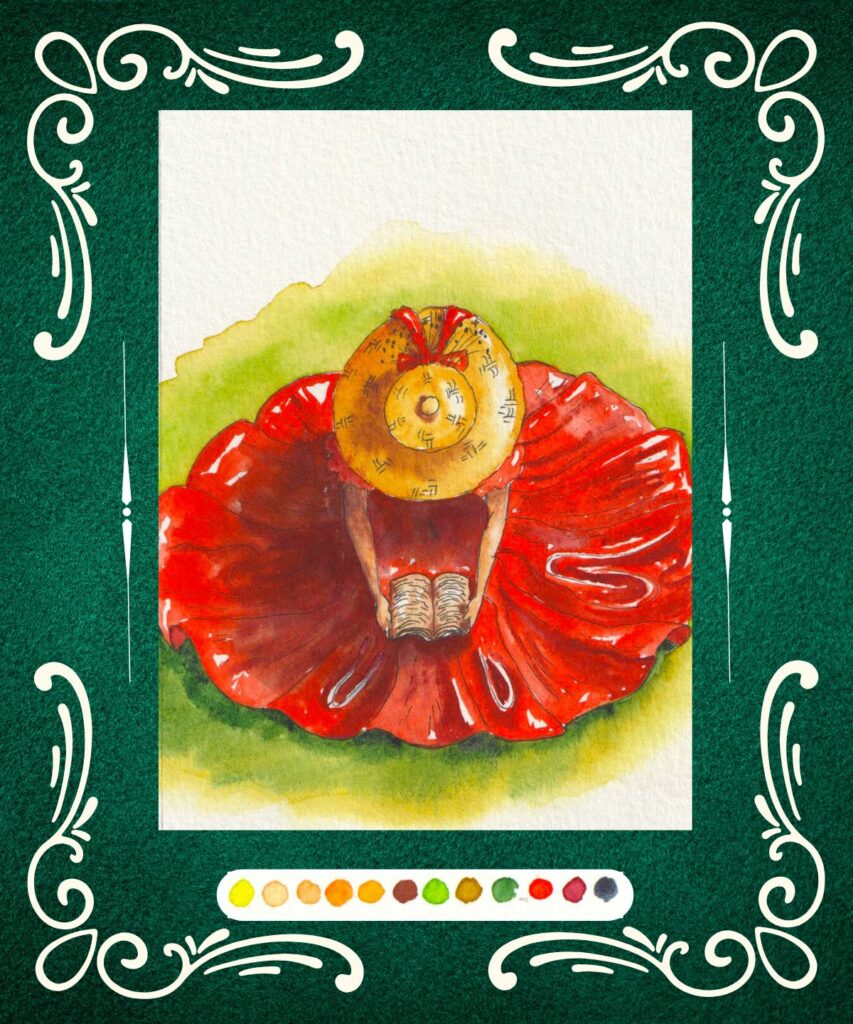 Une femme à la robe rouge coquelicot lit à genoux dans l'herbe.