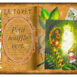Un joyeux esprit de la forêt est assisi sur une fougère. Aquarelle collée dans un grimoire.
