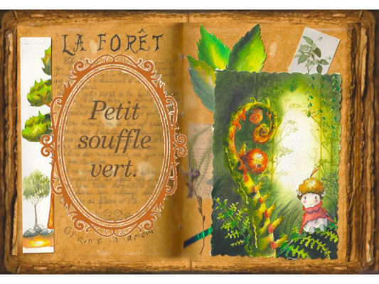 Un joyeux esprit de la forêt est assisi sur une fougère. Aquarelle collée dans un grimoire.