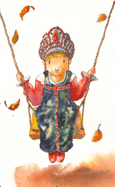 Une jeune Russe se balance sur une balançoire d'automne. Elle est vue en plongée.