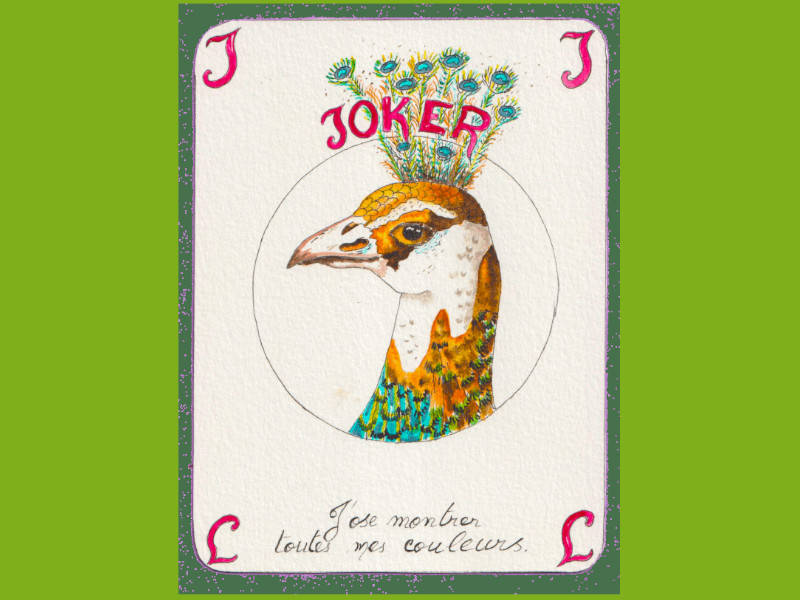 Un paon sur une carte joker.