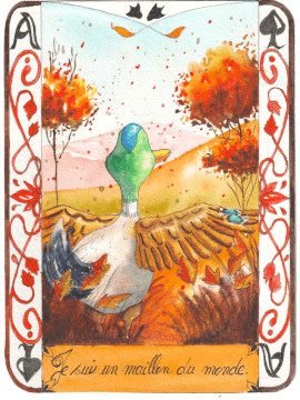 Un canard écarte les ailes sur un paysage d'automne.