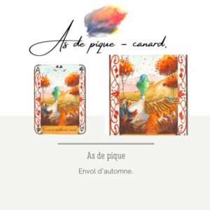 Un canard écarte les ailes sur un paysage d'automne.