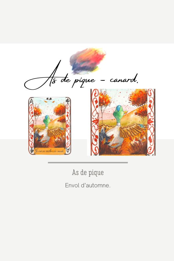 Un canard écarte les ailes sur un paysage d'automne.