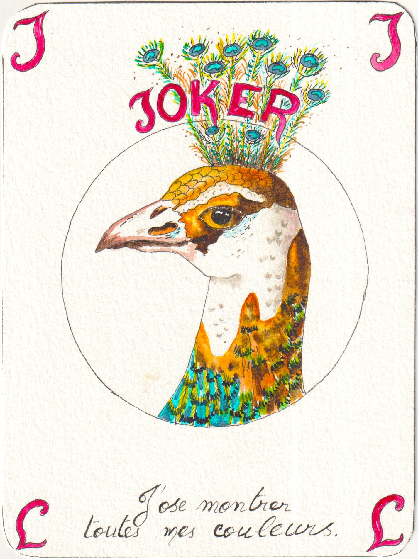 Un paon sur une carte joker.