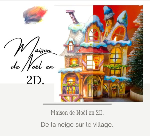 Maison de Noël en 2D, illustrée à l'aquarelle.