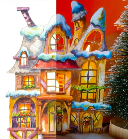 Maison de Noël en 2D, illustrée à l'aquarelle.