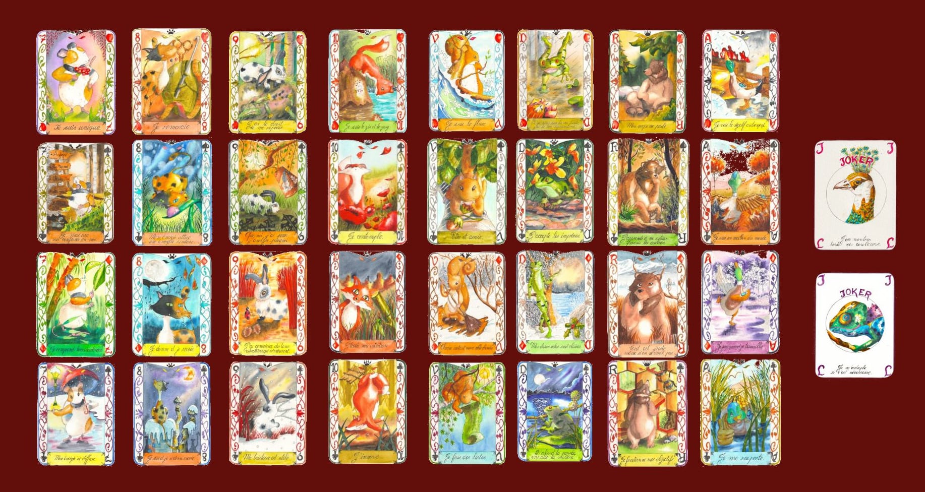34 cartes à jouer animaux. Oracle. Aquarelles.