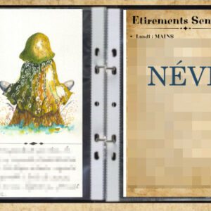 Un chaperon vert assis en tailleur sur une souche d'arbre. Il est vu de dos.