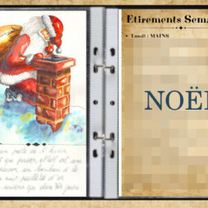 Un père Noël regarde dans un conduit de cheminée sur un toit enneigé.